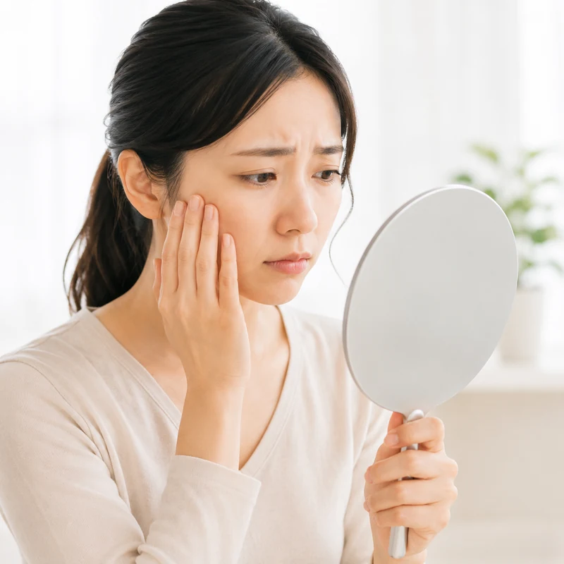 手鏡を見ながら頬に手を当て、肌の変化を気にする女性